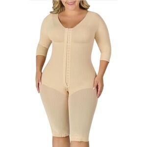 Beige Full-Body Shapewear Bodysuit with 3/4 Sleeves/